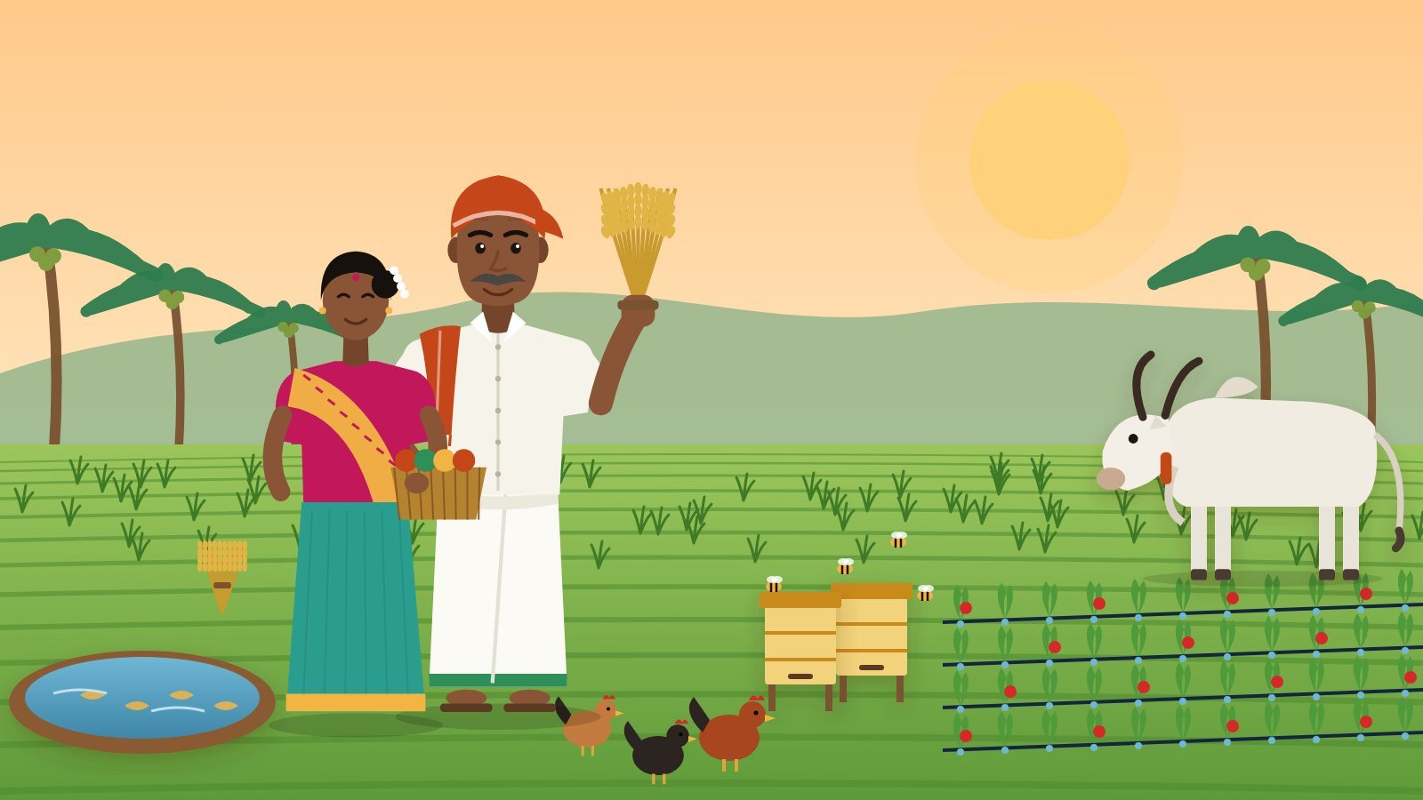 ஓவியம்: பாரம்பரிய நெற்கதிருடன் தமிழக உழவர், கூடையுடன் உழவர் பெண், பண்ணைக் குட்டை, சொட்டுநீர்ப் பாசனக் காய்கறி வரிசைகள், தேனீப் பெட்டிகள், நாட்டு மாடு, நாட்டுக்கோழிகள் — உழவர் பாரதம்