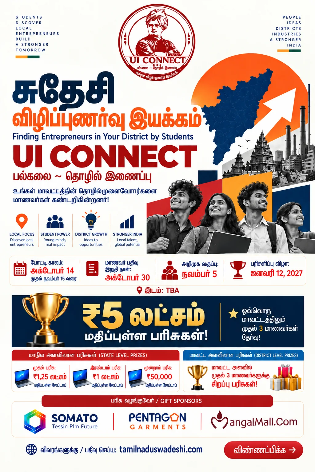 சுதேசி விழிப்புணர்வு இயக்கம் — UI CONNECT (பல்கலை ~ தொழில் இணைப்பு): மாணவர்கள் மூலம் மாவட்டத் தொழில்முனைவோரைக் கண்டறியும் போட்டி (அக்டோபர் 14 – நவம்பர் 15); பரிசு வழங்குவோர்: SOMATO, Pentagon Garments, MangalMall.com